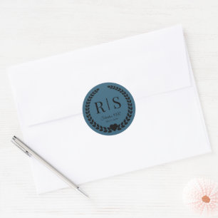 Dark Teal Blue Wedding Monogram Initials Classic Round Sticker