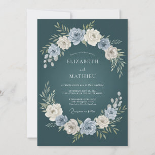 Dark Teal Botanical Floral Wedding Invitation