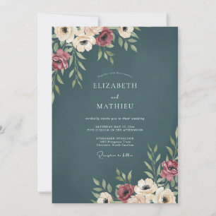 Dark Teal Burgundy Floral Wedding Invitation