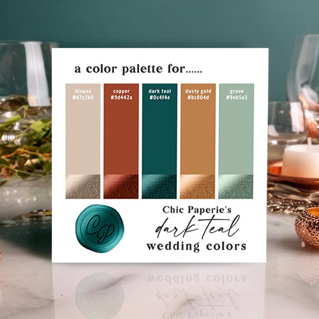Dark Teal & Copper Bold Wedding Colour Palette Car Invitation (Teal and Copper Wedding Color Palette Swatch Card)