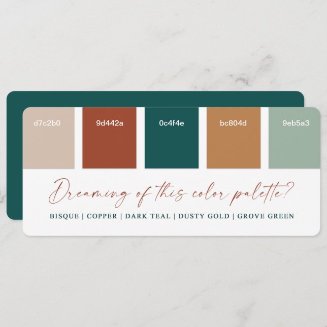 Dark Teal & Copper Fall Wedding Colour Palette Car Invitation (Front/Back)
