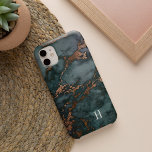 Dark Teal & Copper Marble Monogram iPhone 13 Case<br><div class="desc">Chic phone case features a rich dark teal marble background pattern with faux copper foil veining. Personalise with your single initial monogram in classic lettering.</div>