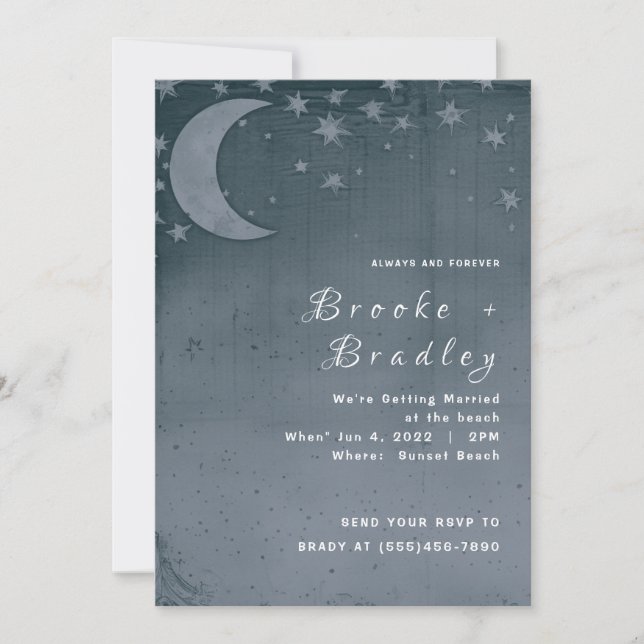 Dark Teal Crescent Moon Celestial Wedding Invitation (Front)