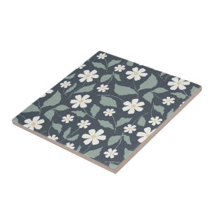 Dark Teal Daisy Folk Art Muted Sage Vintage Ceramic Tile