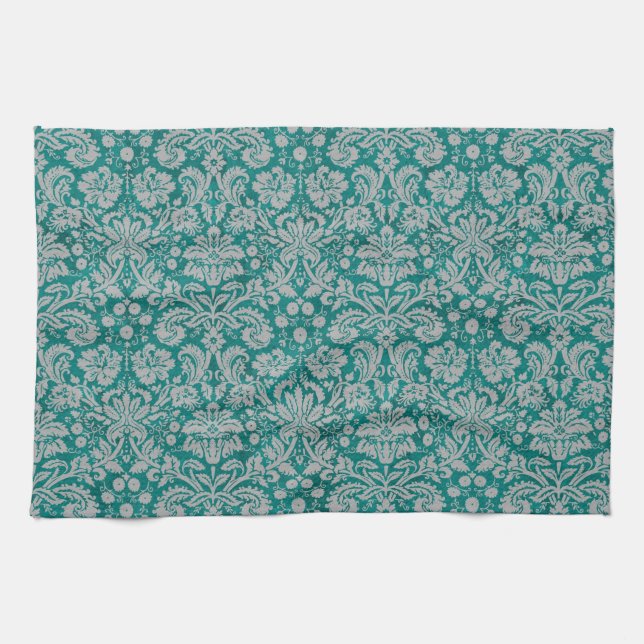 Dark Teal Damask Tea Towel (Horizontal)