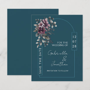 Dark Teal, Dusty Purple Arch Save the Date Invitation