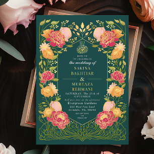 Dark Teal Enchanted Garden Floral Muslim Wedding Invitation