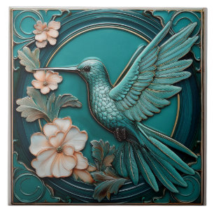 Dark teal faux relief Art Nouveau Hummingbird L Ceramic Tile