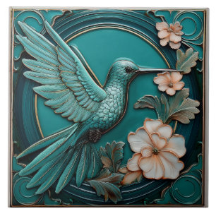 Dark teal faux relief Art Nouveau Hummingbird R Ceramic Tile