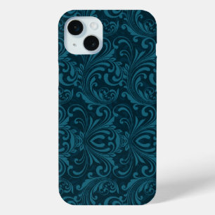 Dark teal floral damask pattern iPhone 15 mini case
