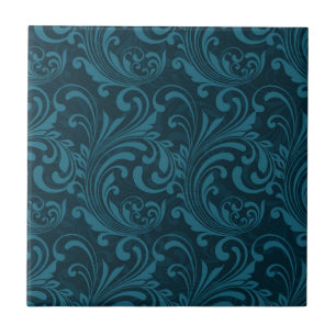 Dark teal floral damask pattern ceramic tile