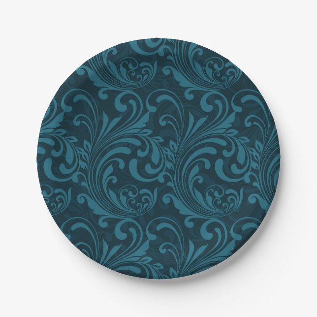 Dark teal floral damask pattern paper plate (Front)