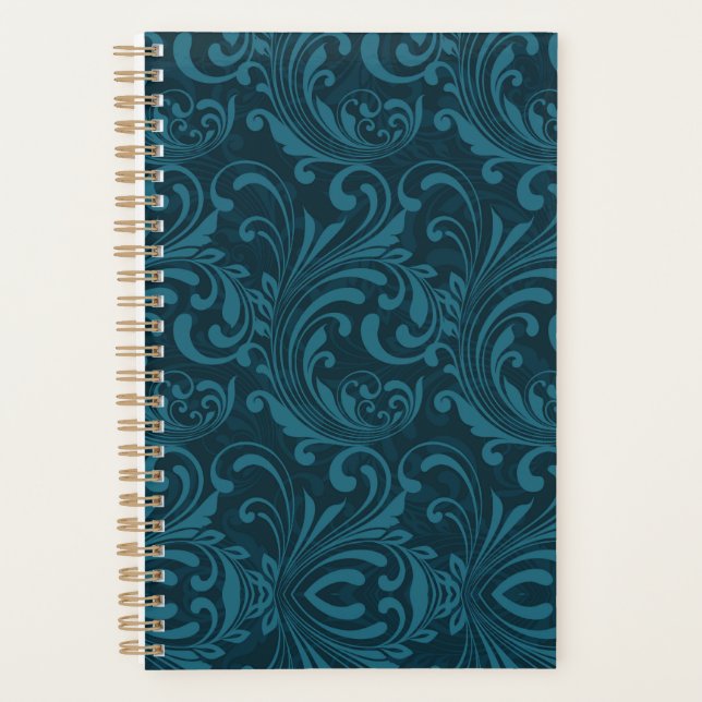 Dark teal floral damask pattern planner (Front)