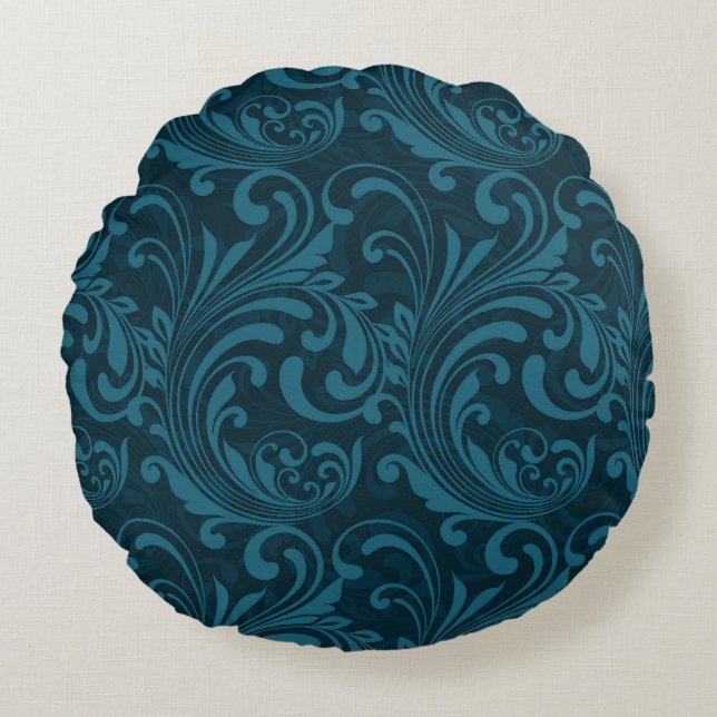Dark teal floral damask pattern round cushion (Front)