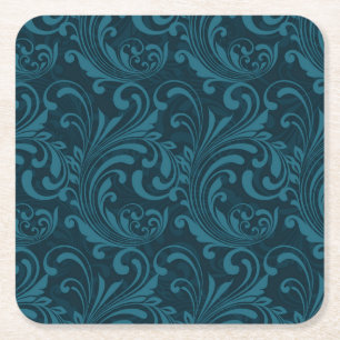 Dark teal floral damask pattern square paper coaster