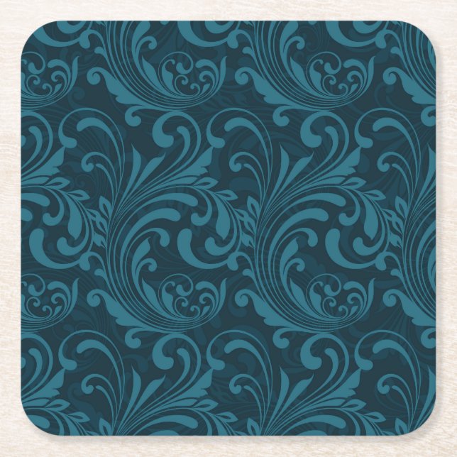 Dark teal floral damask pattern square paper coaster (Front)