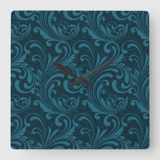 Dark teal floral damask pattern square wall clock (Front)