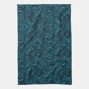 Dark teal floral damask pattern tea towel