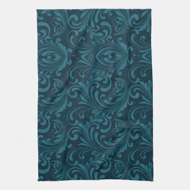 Dark teal floral damask pattern tea towel (Vertical)