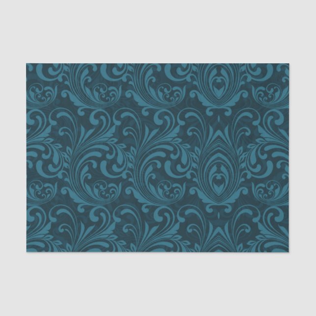 Dark teal floral damask pattern tissue paper (Front)