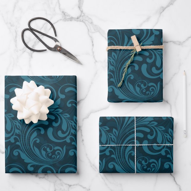 Dark teal floral damask pattern wrapping paper sheet (Front)