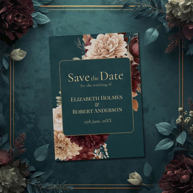 Dark Teal Floral Gothic Save the Date Invitation (Dark Teal Floral Gothic Save the Date Invitation on a teal wedding table with vintage flowers)