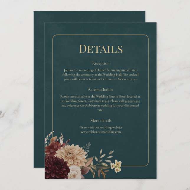 Dark Teal Floral Gothic Wedding Details Card (Front/Back)