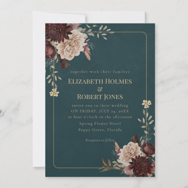 Dark Teal Floral Gothic Wedding Invitation (Front)