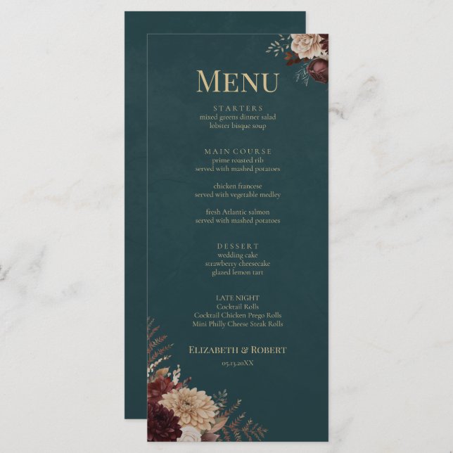 Dark Teal Floral Gothic Wedding Menu (Front/Back)