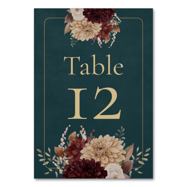 Dark Teal Floral Gothic Wedding Table Number (Front)