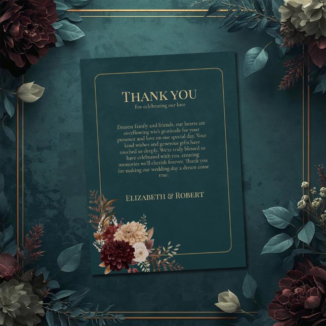 Dark Teal Floral Gothic Wedding Thank You Card (Dark Teal Floral Gothic Wedding Thank You Card on a teal wedding table with vintage flowers.)