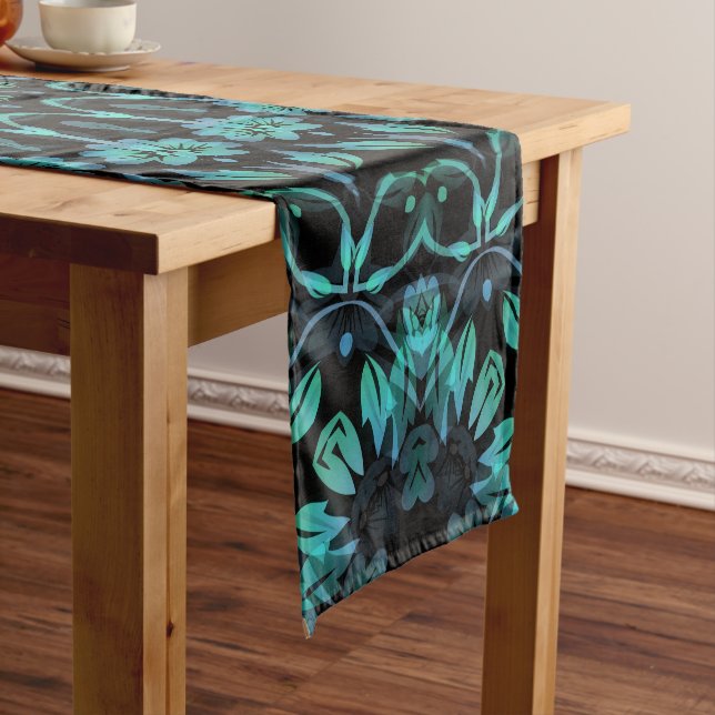 Dark Teal Floral Noir Mandala Short Table Runner (In Situ)