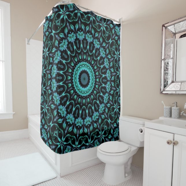Dark Teal Floral Noir Mandala Shower Curtain (In Situ)