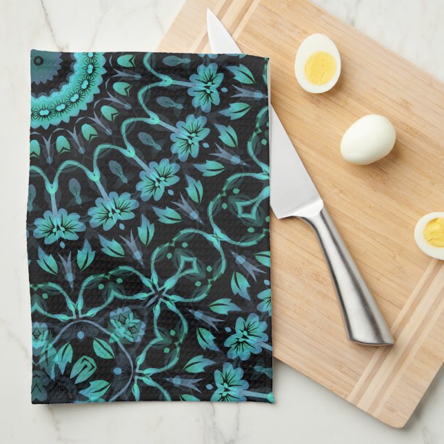 Dark Teal Floral Noir Mandala Tea Towel (Quarter Fold)