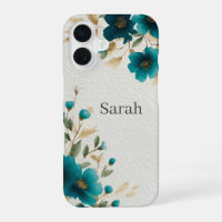 Dark Teal Flowers & Gold Leaves iPhone / iPad case