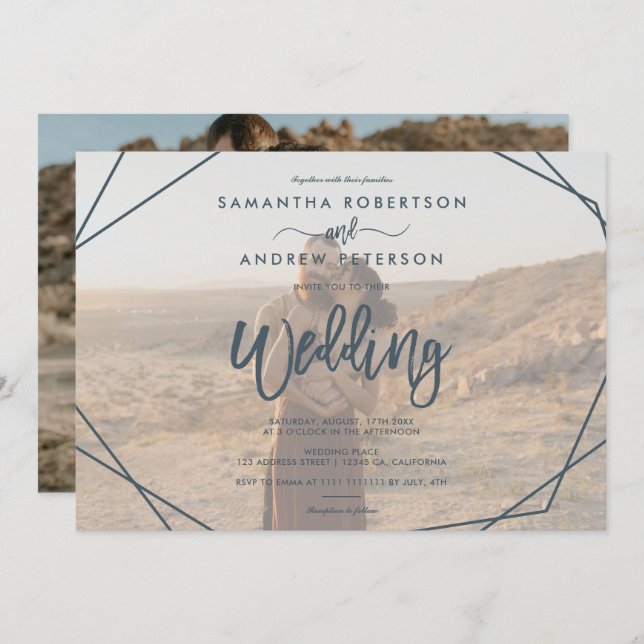 Dark teal frame simple photo script wedding invitation (Front/Back)