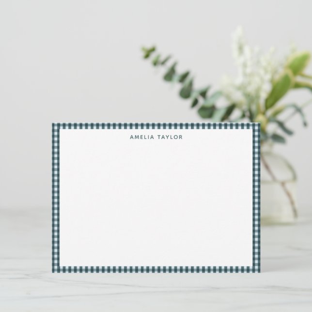 Dark Teal Gingham Border Personalized Stationery Card (Standing Front)