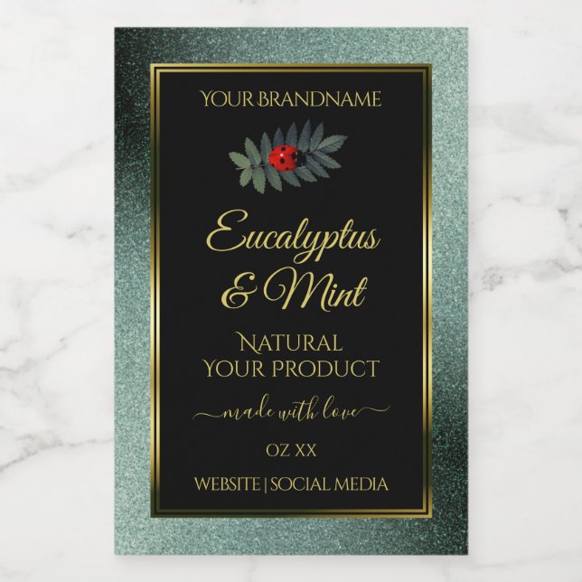 Dark Teal Glitter Black Product Labels Ladybug (Single Label)