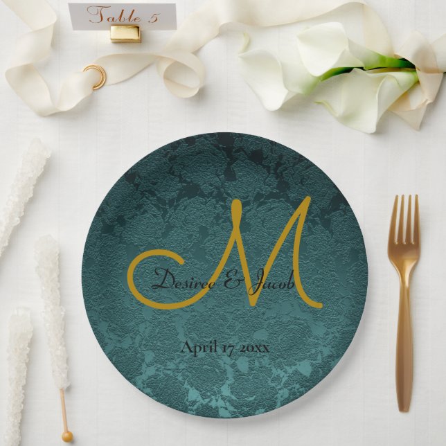 Dark Teal Gold Black Elegant Wedding Monogram Paper Plate (Wedding)
