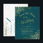 Dark Teal & Gold Calligraphy Wedding Save the Date Announcement Postcard<br><div class="desc">This beautiful save the date postcard will give your friends and family advance notice of your upcoming wedding. It boasts a beautiful design featuring lacy calligraphy with swashes or flourishes on the ends of the letters. The background is a marbled dark teal color, and there are decorative gold faux foil...</div>