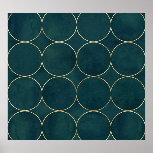 Dark Teal, Gold Circles Watercolor. Poster (Front)