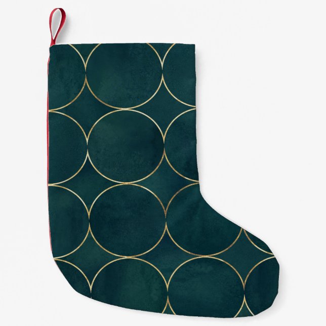 Dark Teal, Gold Circles Watercolor. Small Christmas Stocking (Front)
