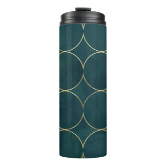 Dark Teal, Gold Circles Watercolor. Thermal Tumbler