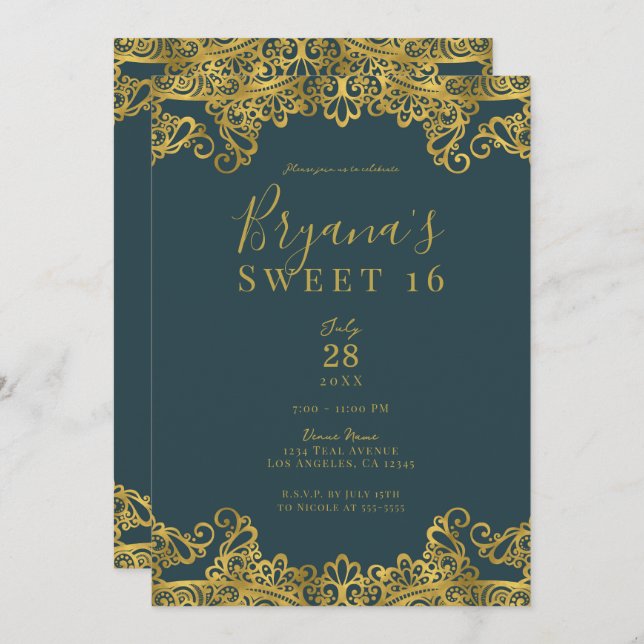Dark Teal & Gold Lace Elegant Sweet 16 Party   Invitation (Front/Back)