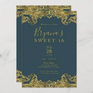 Dark Teal & Gold Lace Elegant Sweet 16 Party   Invitation