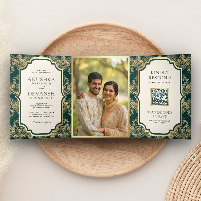 Dark Teal Gold Lace QR Code Photo Indian Wedding Tri-Fold Invitation (Creator Uploaded)