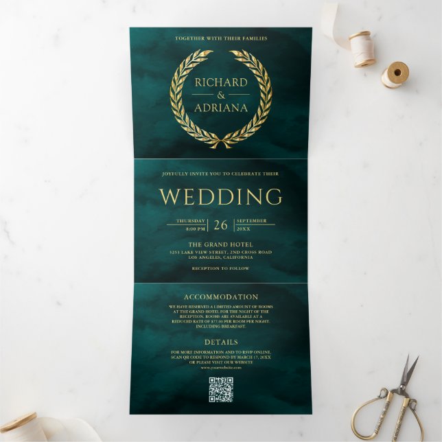 Dark Teal Gold Laurel Minimal QR Code Wedding Tri-Fold Invitation (Inside)