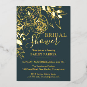 Dark Teal & Gold Modern Floral Peony Bridal Shower