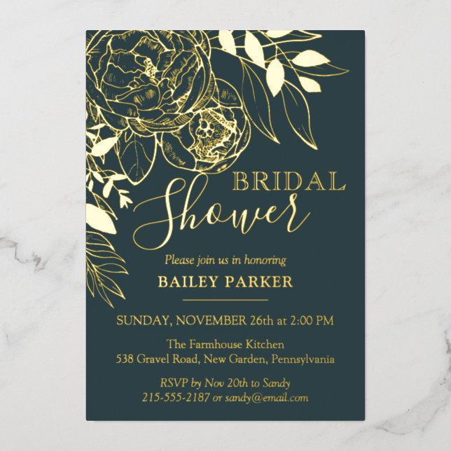 Dark Teal & Gold Modern Floral Peony Bridal Shower (Front)