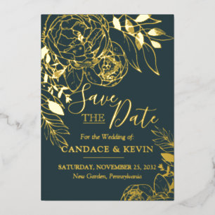 Dark Teal & Gold Modern Floral Peony Save the Date